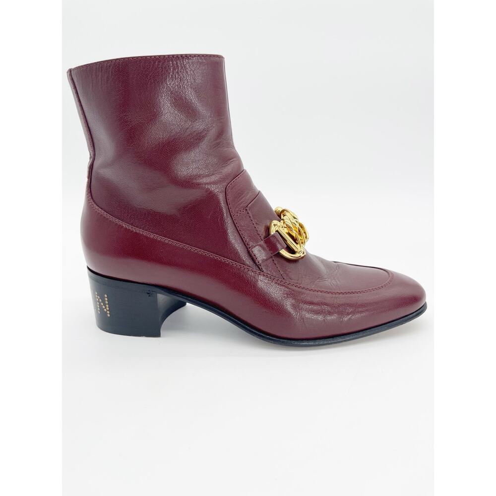 Gucci Burgundy Leather Chain Horsebit Kitten Block Heel Ankle Boots EU 37 - Picture 2 of 11